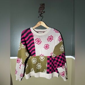La Hearts Patchwork Sweater - Pink, Green, Cream